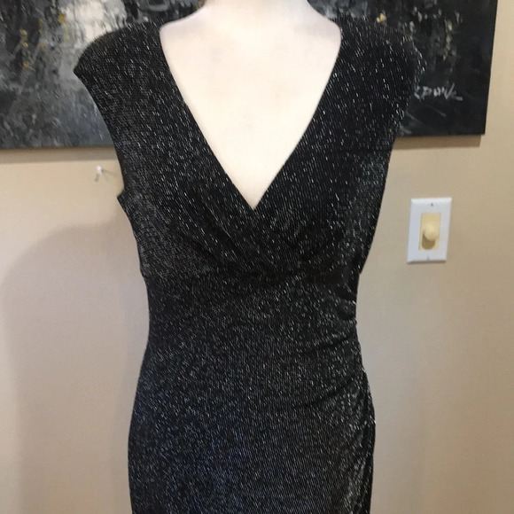 NWT Lauren Ralph Lauren Silver Sparkle Black Cinched Waist V-neck Midi Dress-8 - Picture 2 of 10